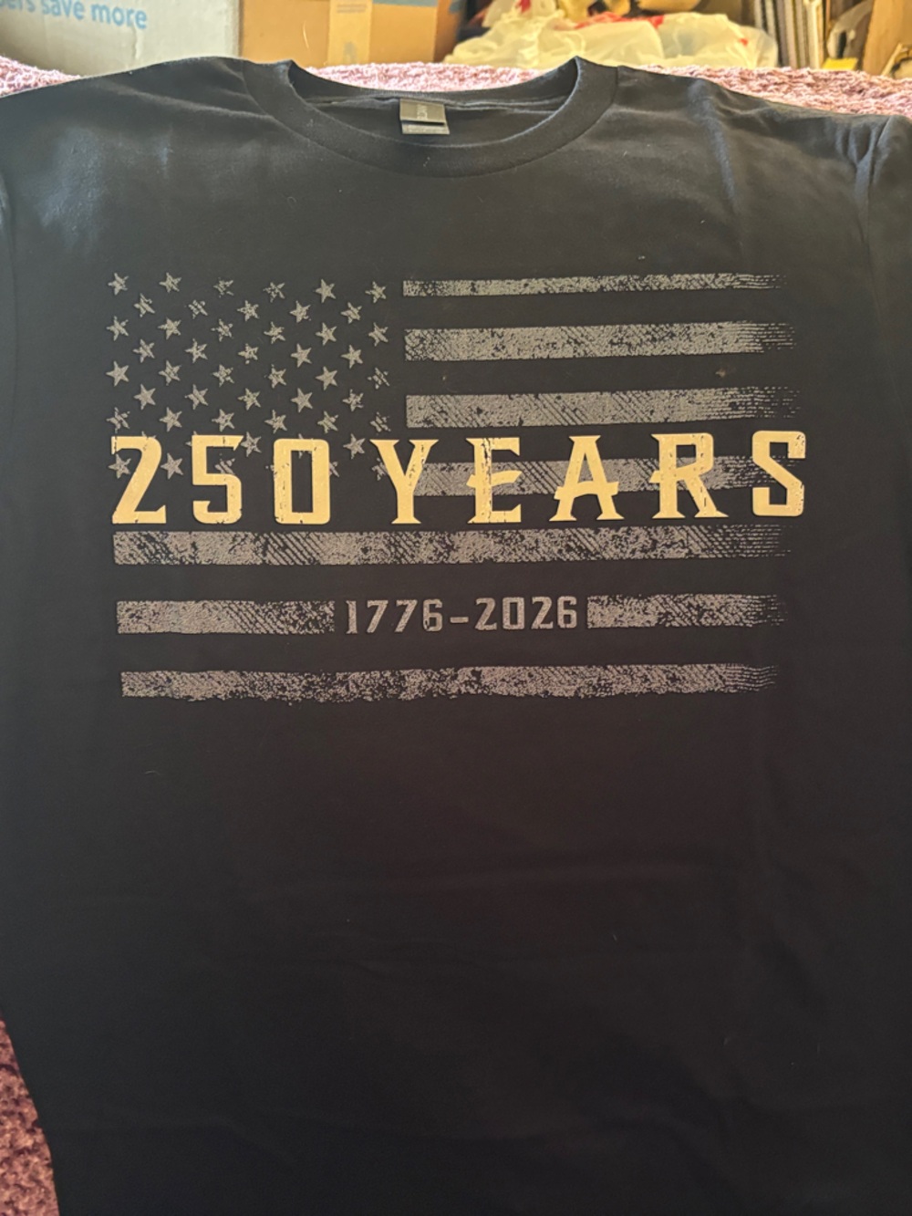 Gildan Women’s Black Short Sleeve Tee with Gold '250 YEARS' Flag Graphic
